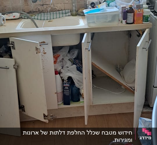 מטבח עם ארונות פתוחים, כיור וכלים על השיש